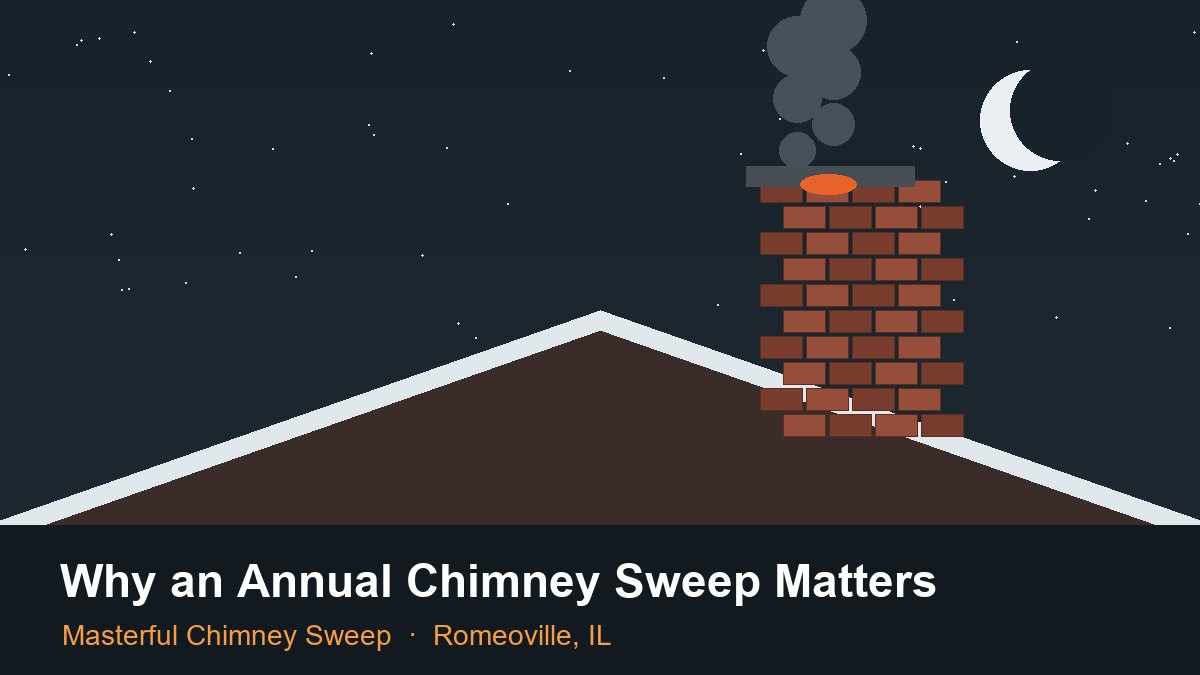 Brick chimney with smoke on a snowy Romeoville rooftop at night
